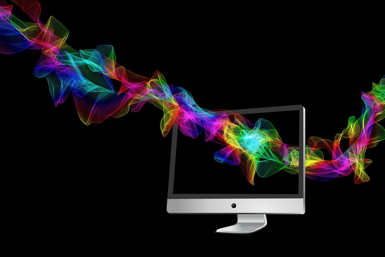computer, monitor, waves, colorful, rainbow, rainbow colors, particles, colors, wave, abstract, screen, nature, computer screen, computer monitor, design, movement, abstract design, abstract waves